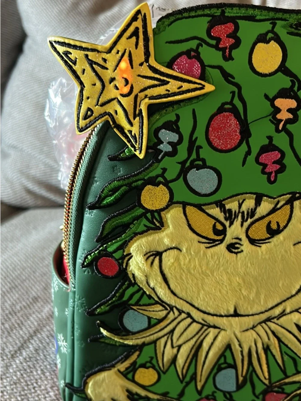 Loungefly Green Grinch Christmas Tree Backpack lights up star